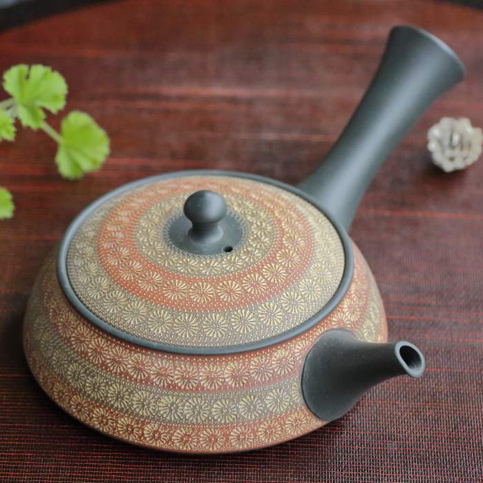 名匠磯部輝之 赤緑二色印花急須 常滑焼上煎茶用茶器 セラメッシュ陶製