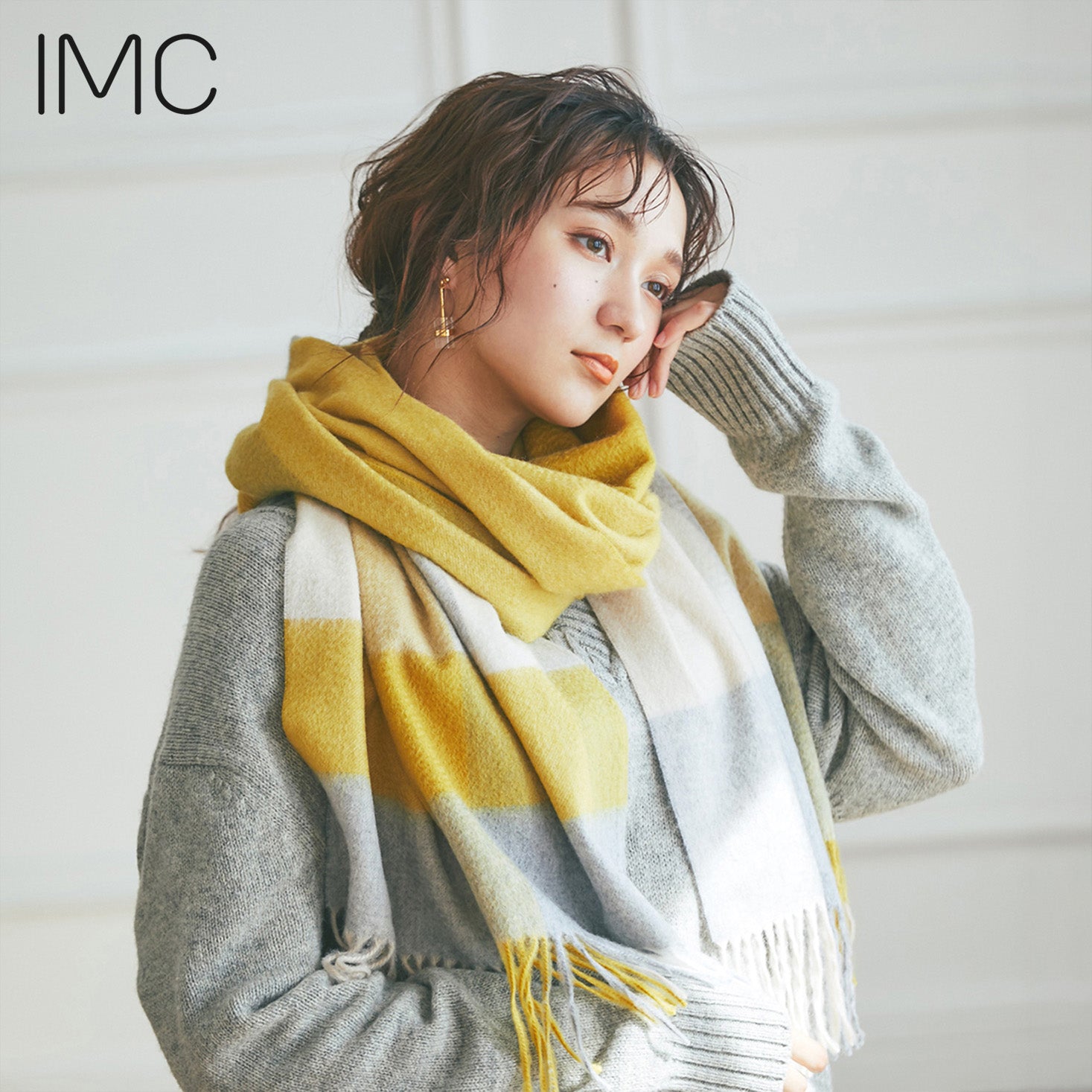 カシミヤ大判ストール チェック柄 ブロックイエロー – INTERMODE KAWABE