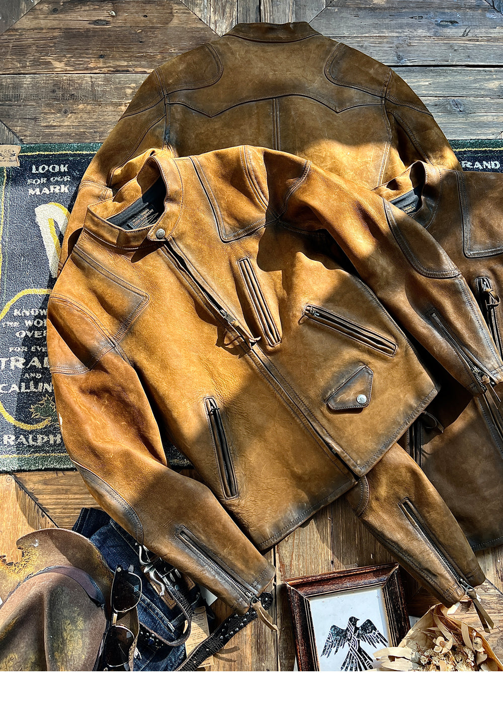 レザー シングルライダース ジャケット キャメルカラー S～4XL