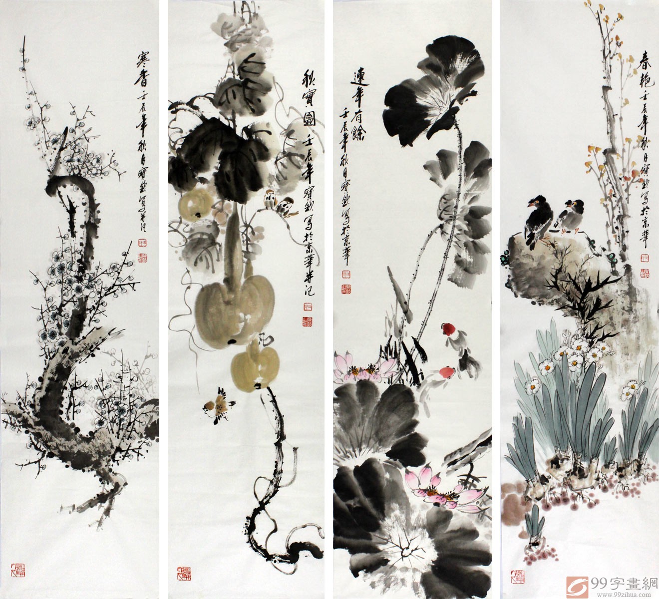 国画四条屏- 花鸟画- 99字画网
