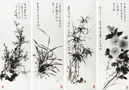 郑板桥 梅蘭竹菊 四条屏 掛け軸 中国画・新中式・客間装飾 Amazon.co