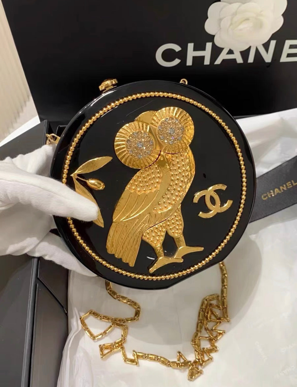Chanel Minaudière Limited Edition Black Plexiglass & Gold Owl Gold