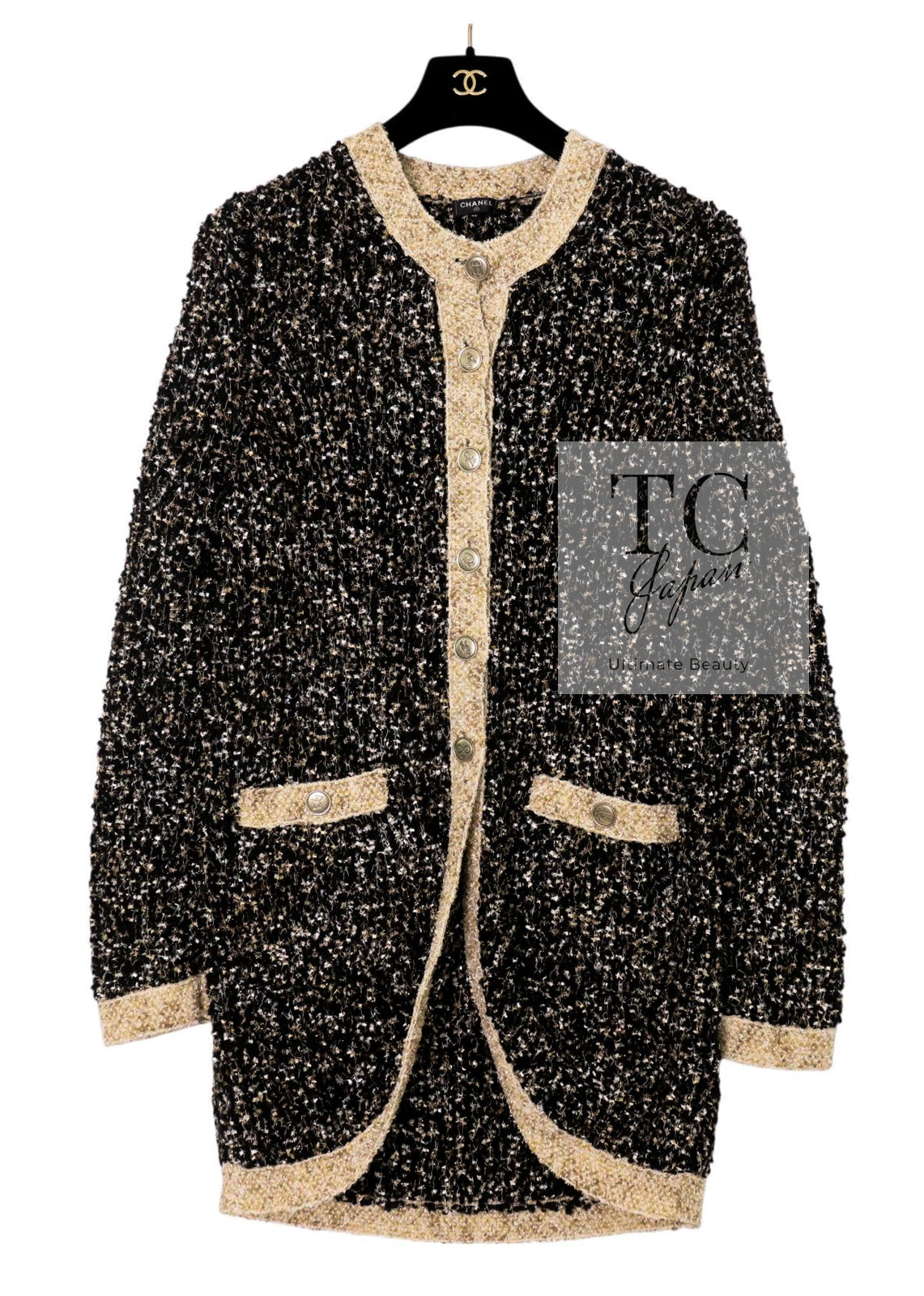 シャネル カーディガン CHANEL ブラック ゴールド ウール ロングニット