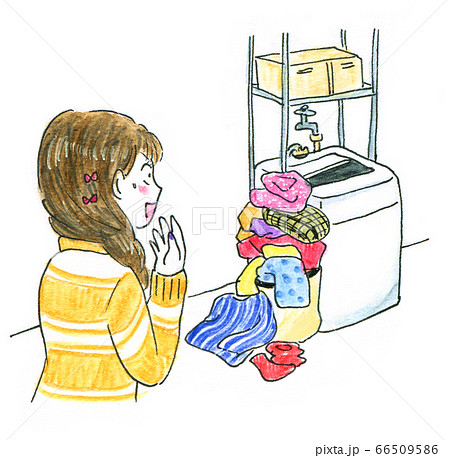 山積みの洗濯物を見て驚く女性のイラスト素材 [66509586] - PIXTA