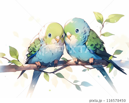 真作】絵画 水彩 セキセイインコ ペア 二羽の小鳥 青と緑のインコ Y185