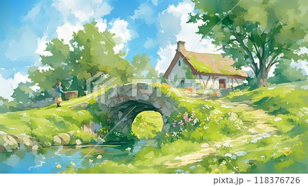 牧歌的な風景：小川と古い橋のある村の日常のイラスト素材 [118376726