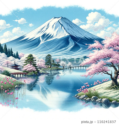 富士山を中心に湖面の逆さ富士、桜の花など江戸時代を思わせる風景
