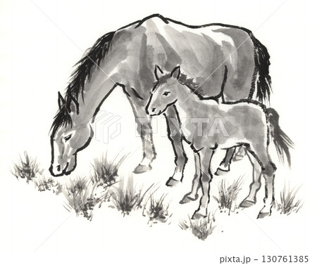 水墨画 馬の親子のイラスト素材 [130761385] - PIXTA