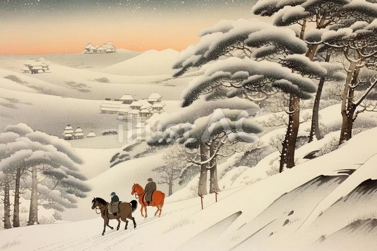 馬に乗る人と雪景色（浮世絵風）イラスト - No: 24038272｜無料