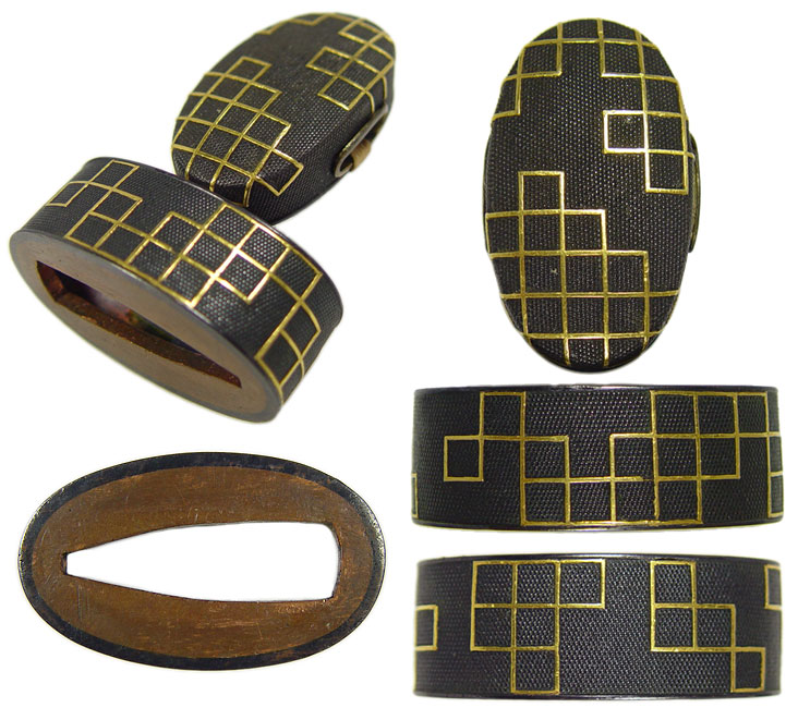 縁頭、赤銅地に筋模様、入れ子 縁頭、赤銅地に筋模様、入れ子 縁頭