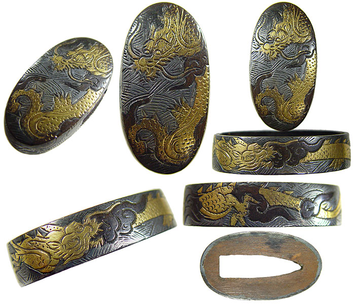 縁頭、赤銅地に筋模様、入れ子 縁頭、赤銅地に筋模様、入れ子 縁頭