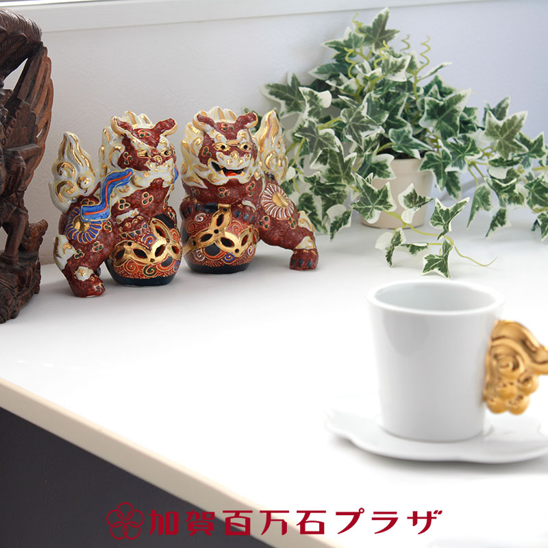 九谷焼 八幡釜 須栄義 剣獅子 置物 床飾 魔除 縁起物 高さ40㎝ BK044