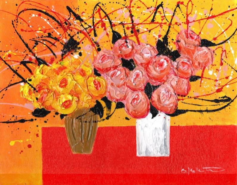 楽天市場】柿田治 赤と黄色の薔薇の花 花 絵画 薔薇 静物画 油絵 一点