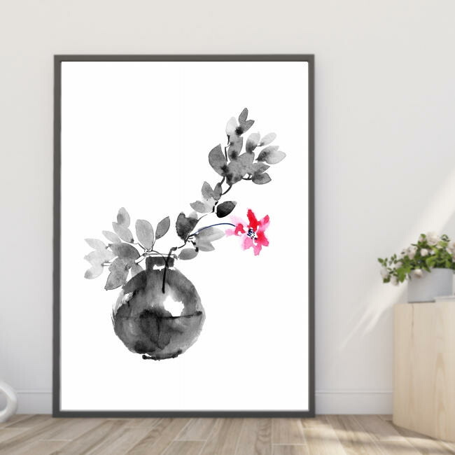 楽天市場】【送料無料】アートポスター【水墨画風-丸いツボ赤い花