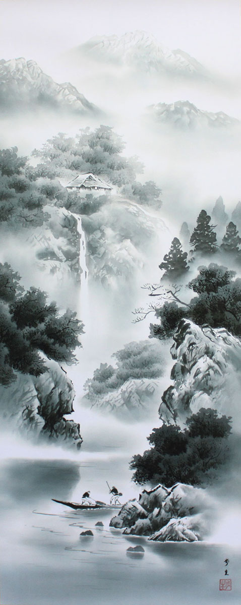 楽天市場】掛け軸 山水画 水墨山水 北山歩生「蒼山水明」掛軸 高精彩巧