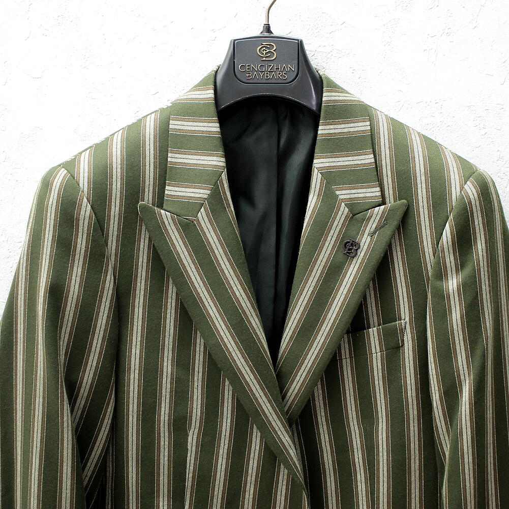 楽天市場】テーラードジャケット ストライプ 緑/茶 メンズ ピークド