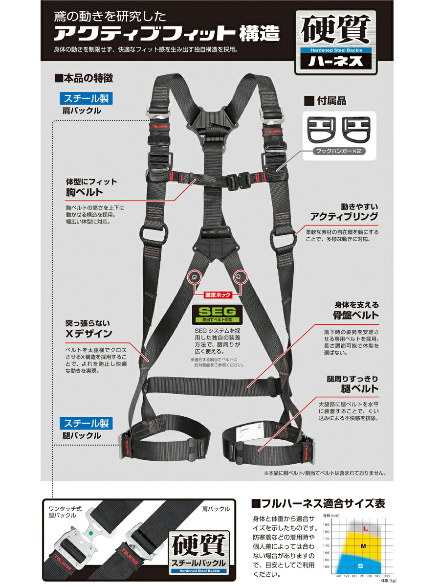 楽天市場】タジマ フルハーネス安全帯 ハーネスZS 黒 Lサイズ 新規格