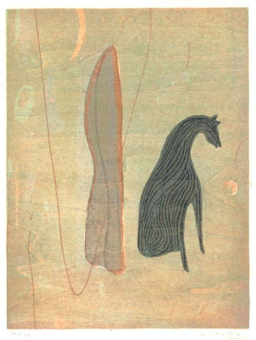 木村義治 作 「赤いけし」 直筆サイン入り 銀箔 木版画 1977年 古画