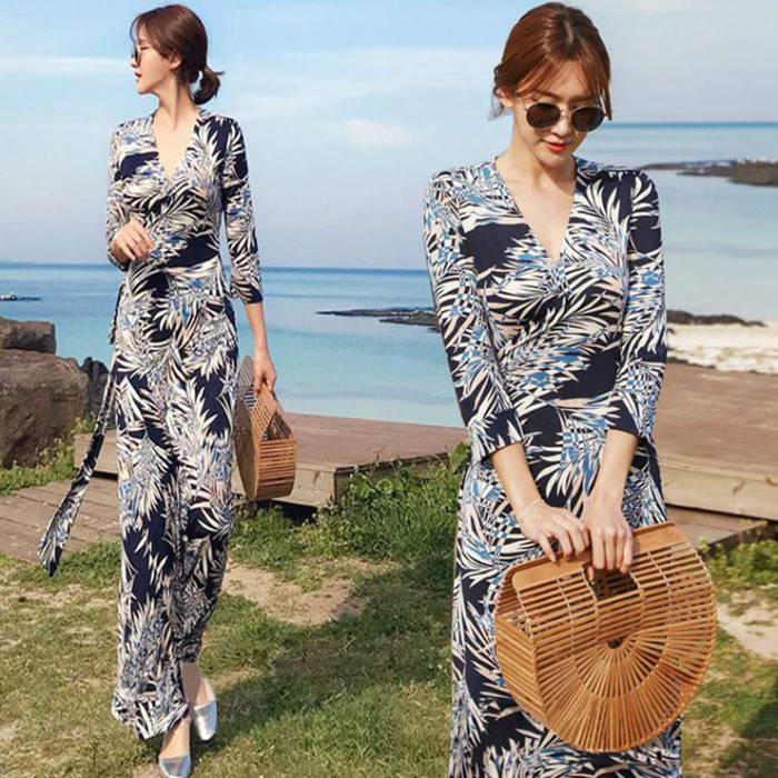 楽天市場】超目玉 マキシワンピース 七分袖 vネック ボタニカル柄