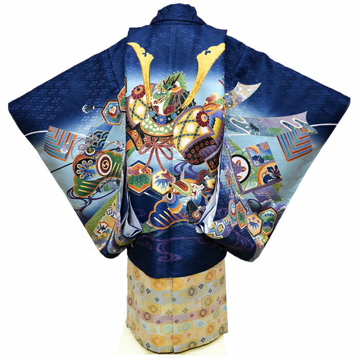 七五三 五歳 男児 羽織袴フルセット 着物 紺地 兜 袴変更可能 NO39694