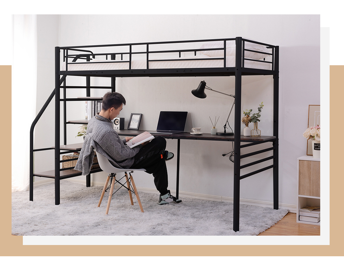 楽天市場】ロフトベッド 階段付き パイプベッド デスク付き シングル