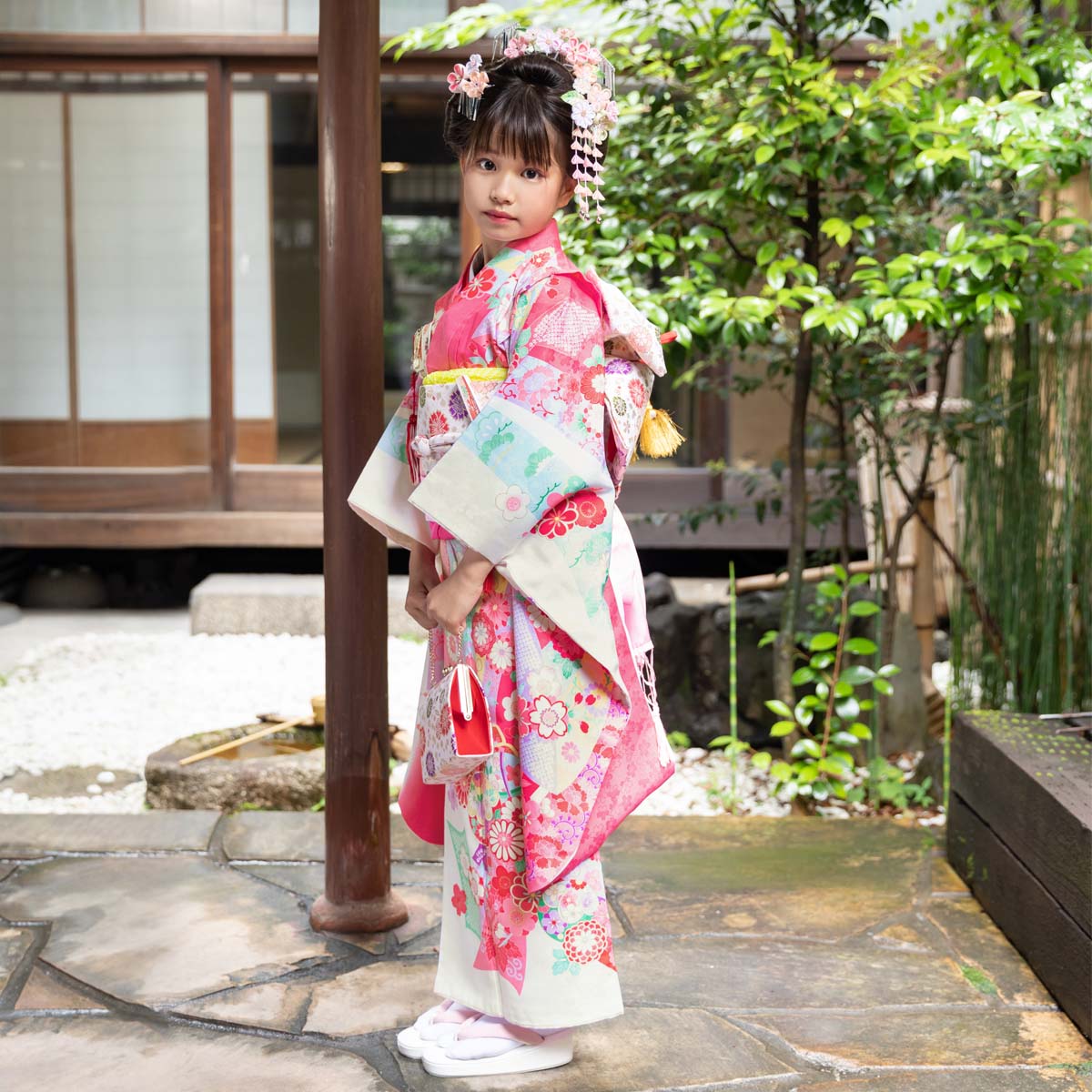 正絹フルセット♡七五三 7歳 女の子 一式 ピンク系 黒 枝垂れ桜 正絹