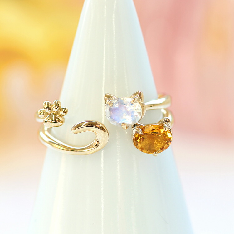 楽天市場】猫モチーフ カラーストーン K10 ゴールド フォークリング