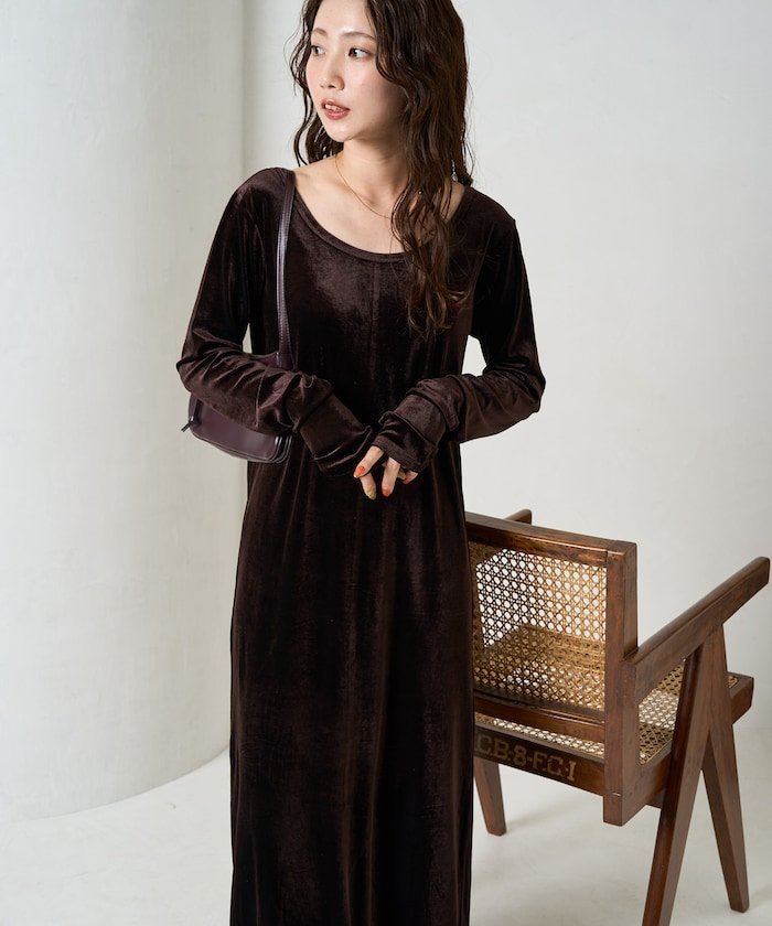 FREAK'S STORE｜ベロア バレエネック ロング ワンピース【限定展開