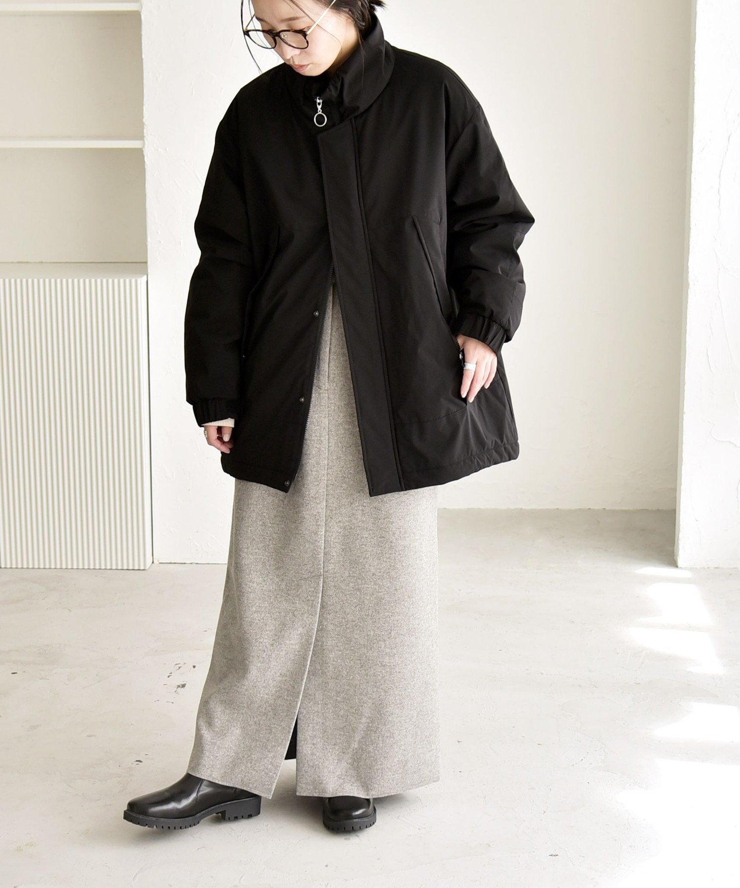 quaranciel 中綿 スタンドカラー ダブル ジップ モンスター コート quaranciel:〈撥水加工〉中綿 スタンドカラー ダブル ジップ