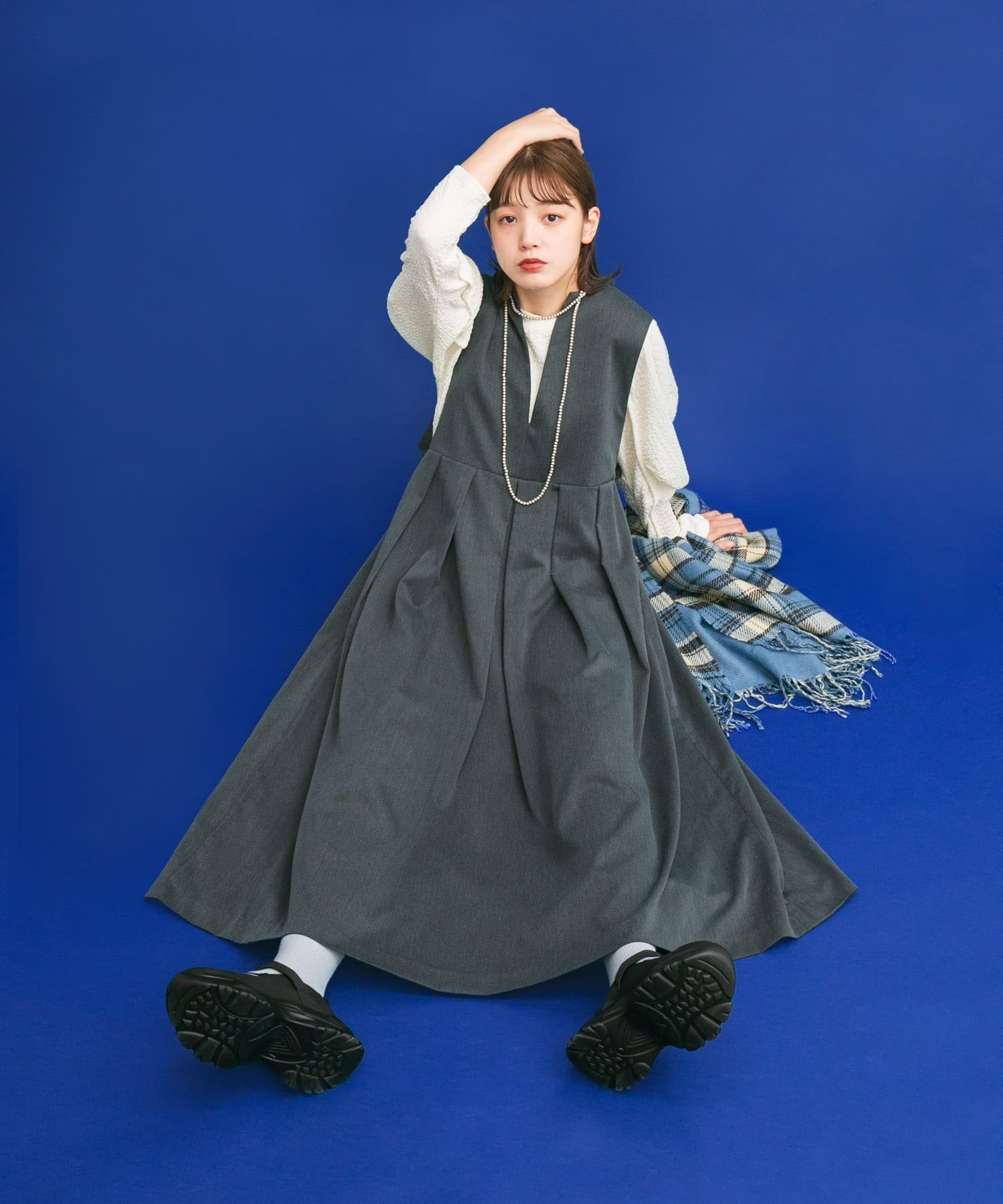 KBF｜『2サイズ展開』キーネックBIGプリーツジャンパースカート