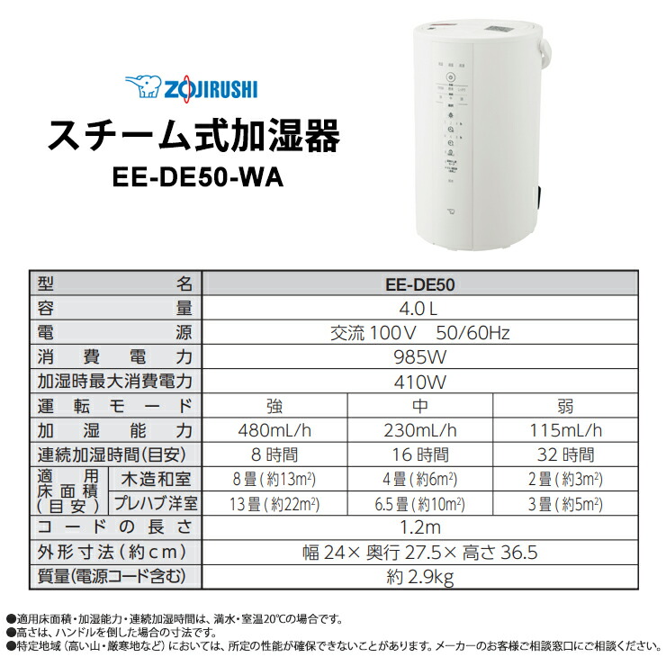 楽天市場】スチーム式 加湿器 480mL/h ホワイト 4.0L EE-DE50-WA