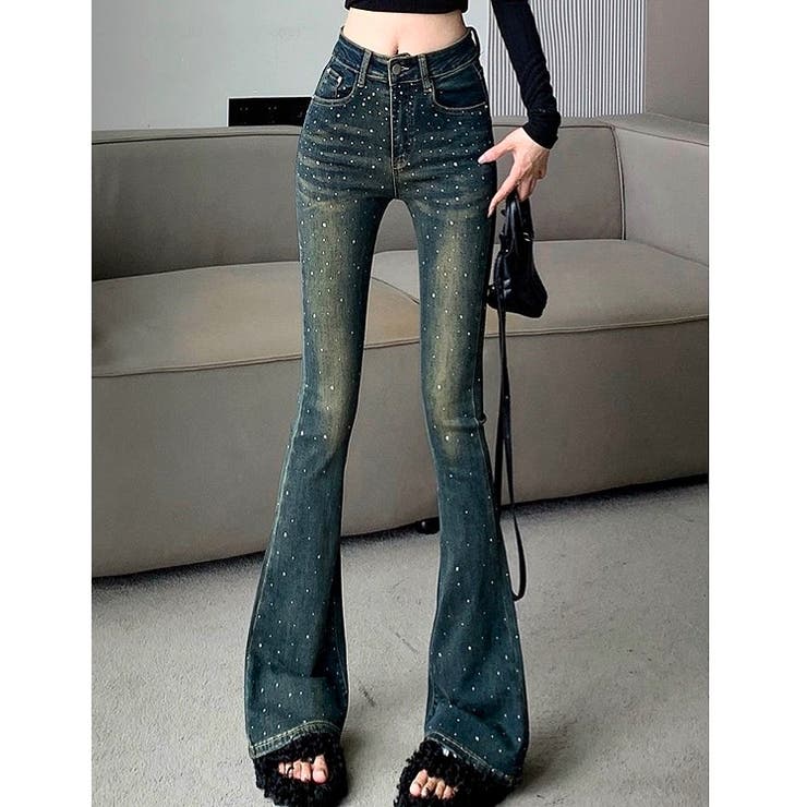 楽天市場】SHEENA ラインストーンストレッチデニムフレアパンツ パンツ