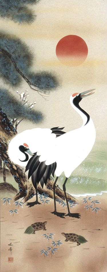 掛軸 鶴 楽天市場】掛け軸 掛軸（かけじく）鶴亀高砂吉兆図（西尾 香悦