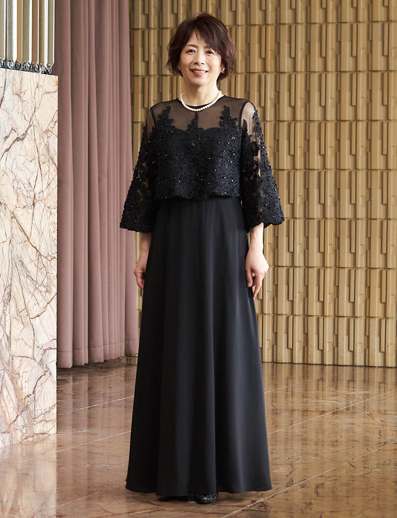 結婚式 母親ドレス 黒レース・マザーズドレス レース8分袖 MD0229-1-BK
