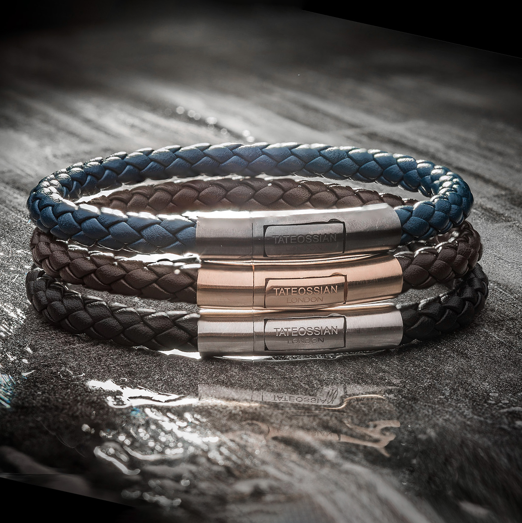 Charles Click Pelle Bracelet In Rhodium & Black Leather