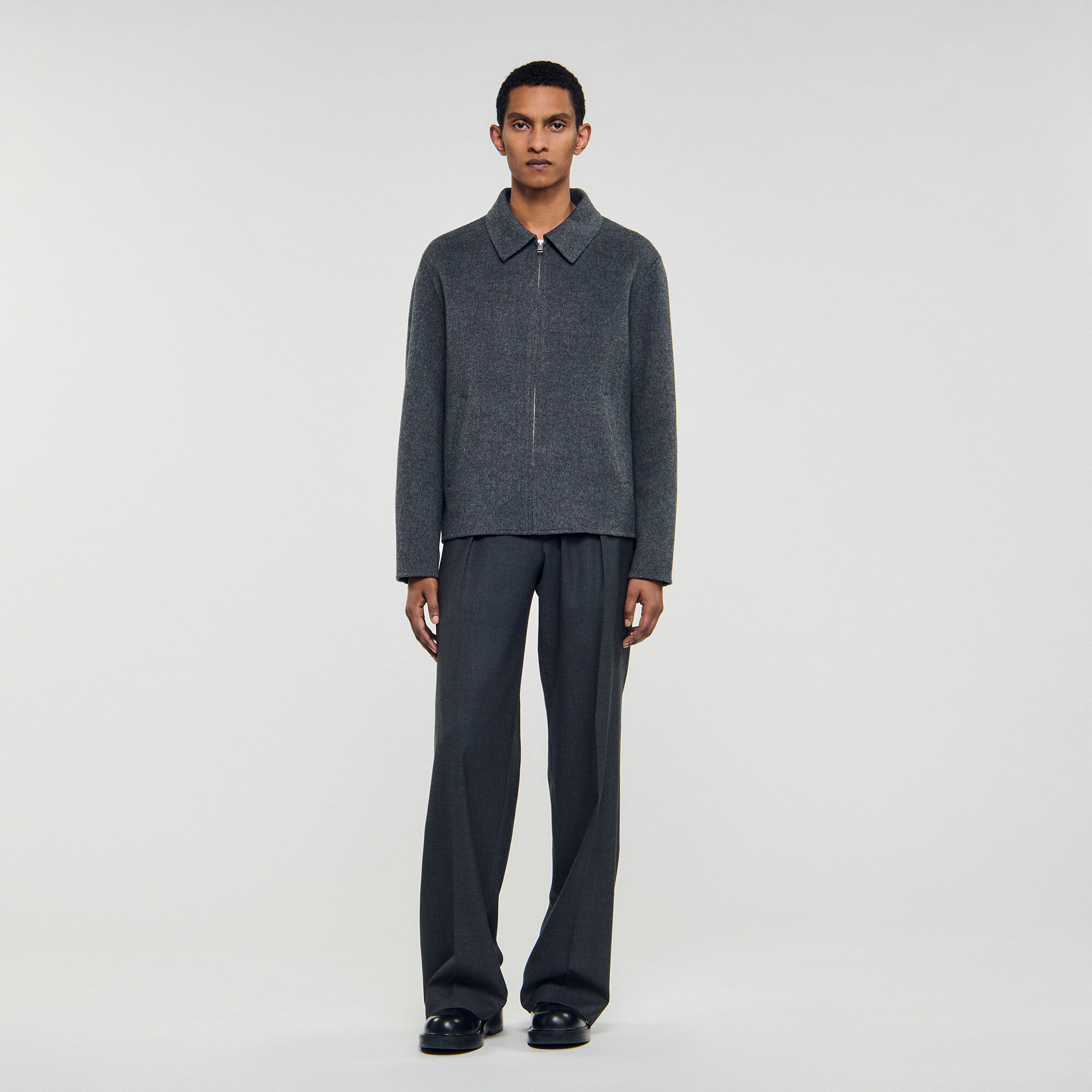 Double-faced wool zip-up jacket black / gray for Men | Sandro Paris