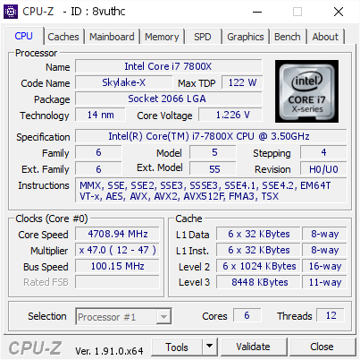 Intel Core i7 7800X @ 4708.94 MHz - CPU-Z VALIDATOR