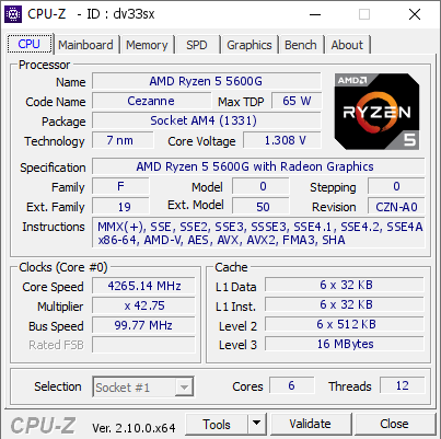 AMD Ryzen 5 5600G @ 4265.14 MHz - CPU-Z VALIDATOR