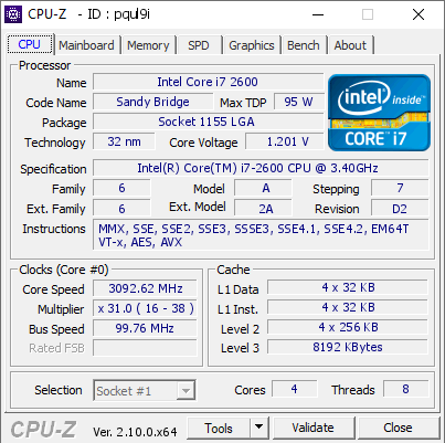 Intel Core i7 2600 @ 3092.62 MHz - CPU-Z VALIDATOR