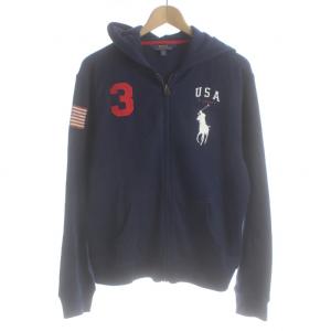 ジップアップパーカー 星条旗 ロゴ刺繍 ビッグポニー L 紺 ネイビー