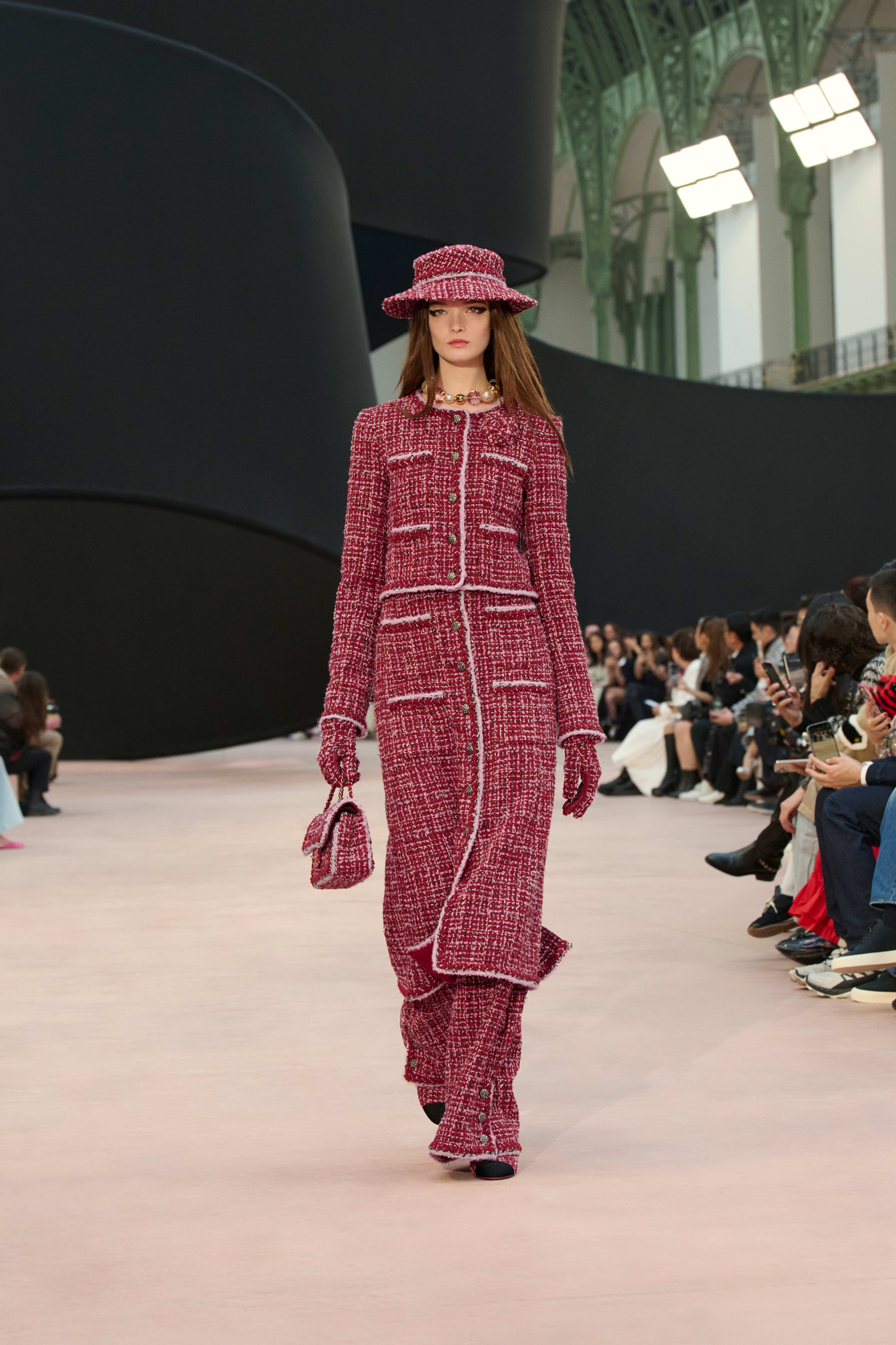 ミディ スカート - ツイード、レッド、ピンク & ブラック