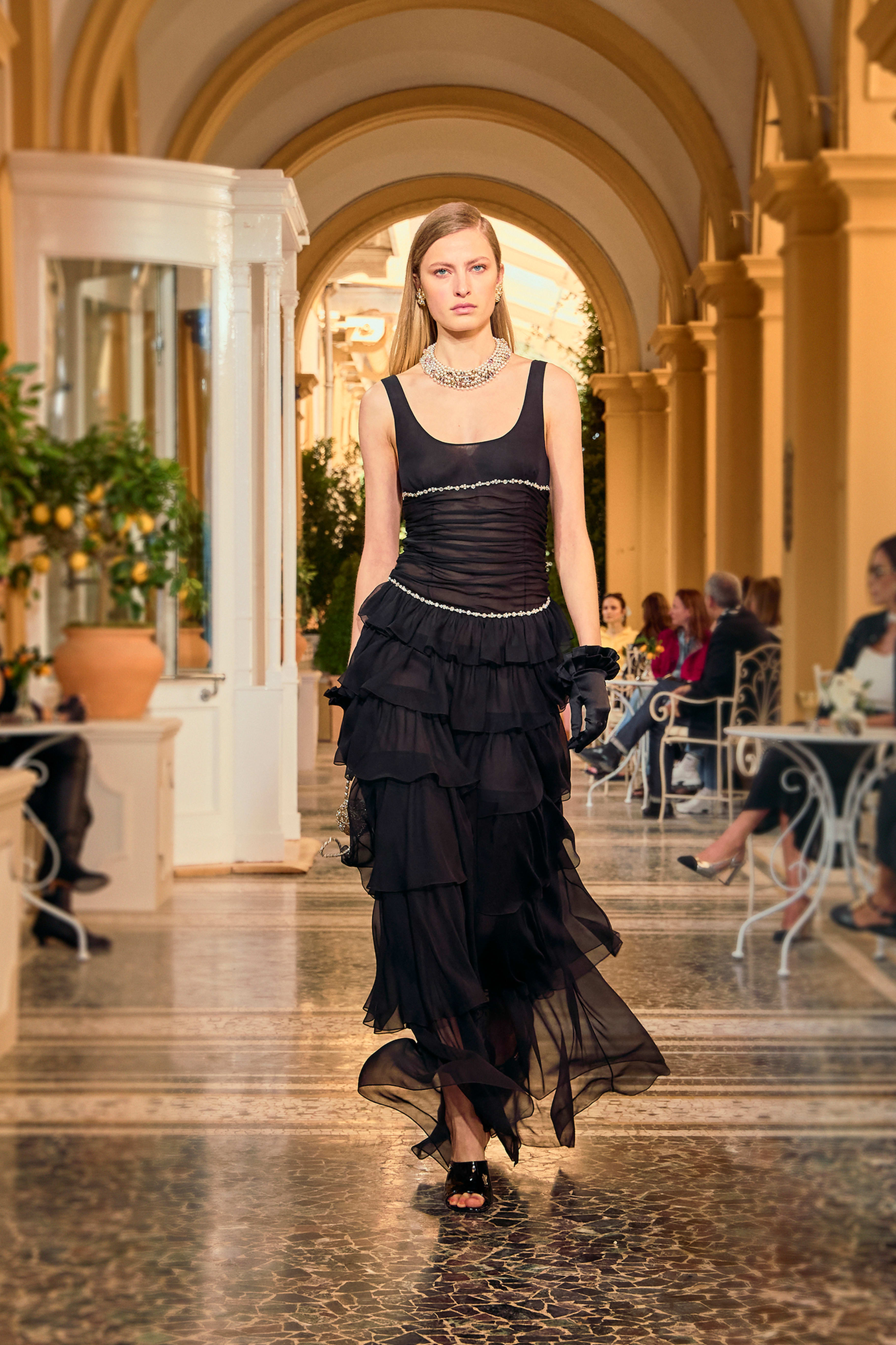 ロング ドレス - エンブロイダリー シルク モスリン、ブラック