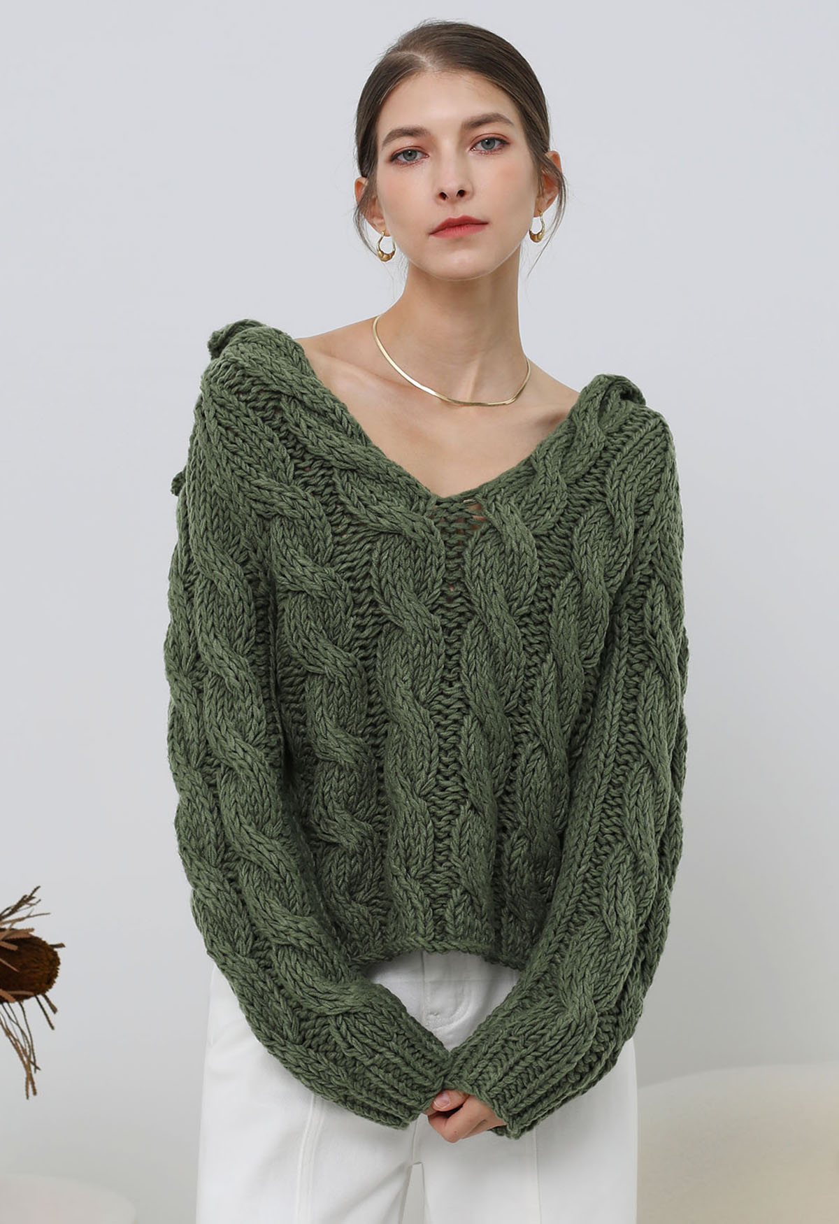 Collared V-Neck Chunky Cable-Knit Sweater in Army Green - Boho