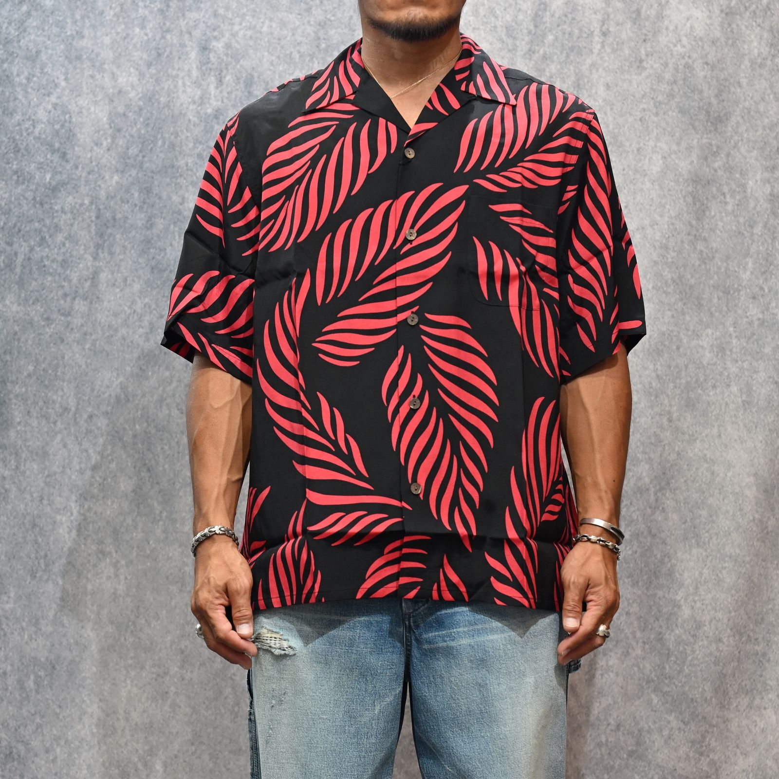 MINEDENIM - × WACKO MARIA Leaf Motif Hawaiian Shirt （BLACK×RED