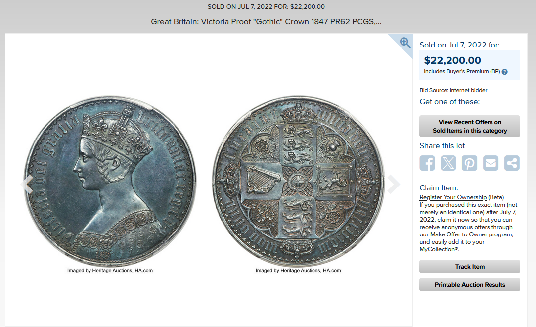 1847年 ヴィクトリア女王 ゴチッククラウン銀貨 アンデシモ【PF62