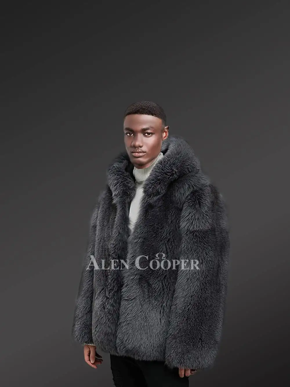 Mens Fox Fur Coat with Hood