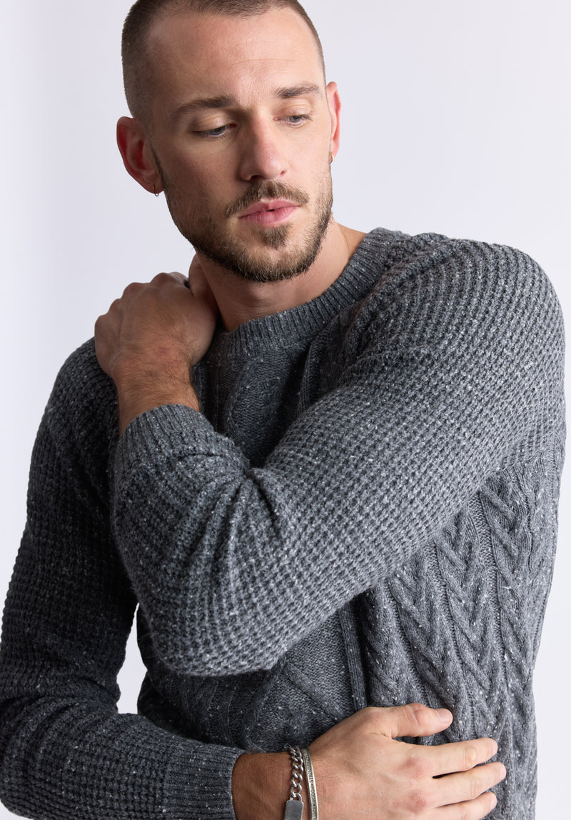 Wallaby Men's Nep Yarn Cable Knit Crewneck Sweater, Grey - BM24417