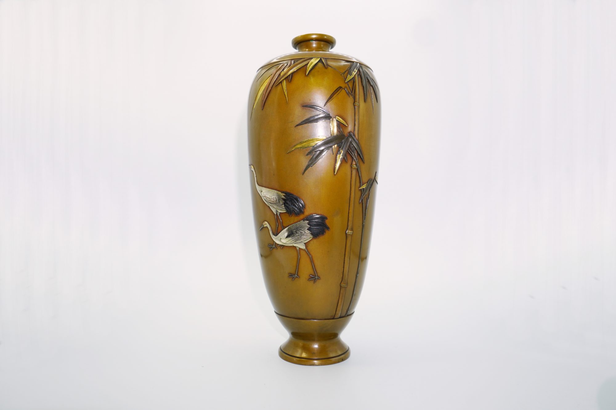 京都黒田製 象嵌 竹に双鶴図花瓶 | 明治工芸・明治金工の販売専門店