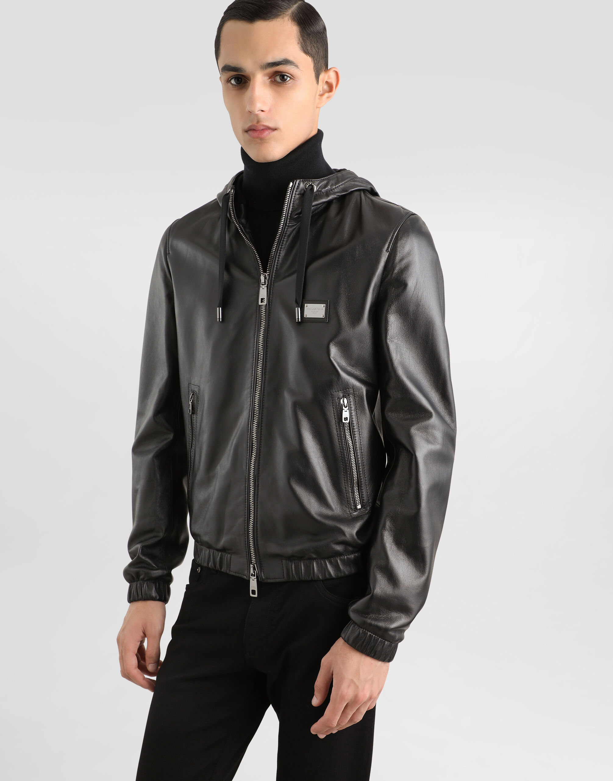 Leather jacket with hood and branded tag in Black for Men
