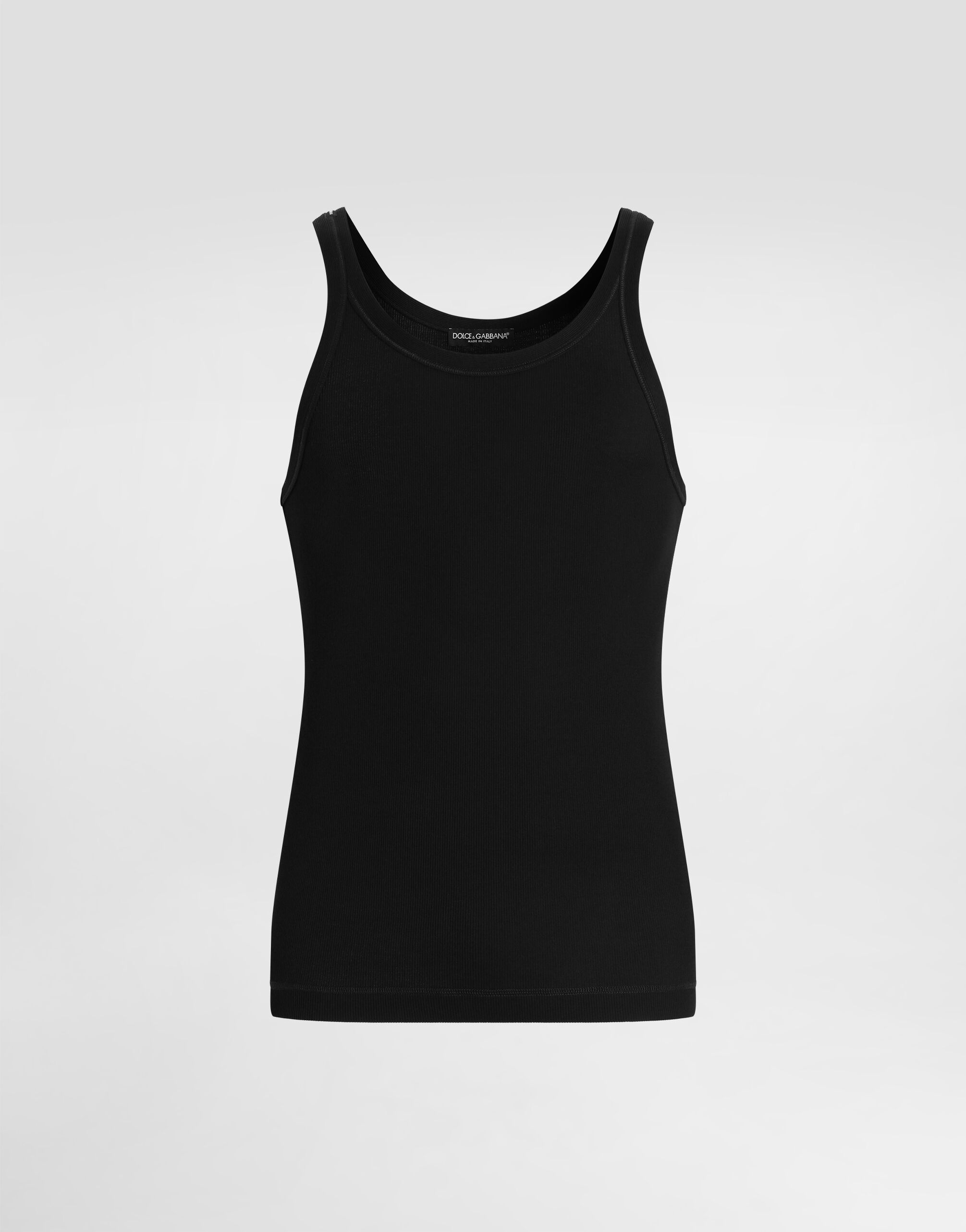 ブラックのメンズ ロゴプレート ファインリブ スリムフィット タンク